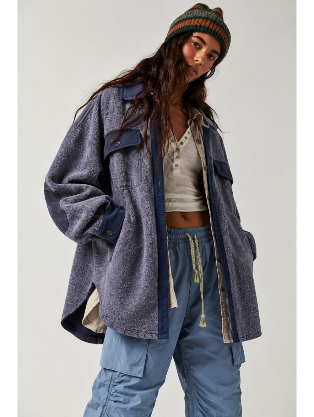 Free People Ruby Fleece Shirt Jacket Blue Oversized Shacket Boho Medium